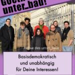 Zu sehen ist ein Hochformat-Poster mit einem Foto in der Mitte, je einem Slogan oben und unten, sowie in der Fußzeile das Logo "Liste unter_bau" und der Text "Hilfskräfterat wählen: vom 22.02.24, 13 Uh3, bis 02.02.24, 15 Uhr". Das Bild zeigt mehrere Personen, im Hintergrund erkennt man Gebäude des Campus Westend. Im Bilduntertitel steht "Aktive des unter_baus". Auf dem Slogan oben steht "Goethe bleibt unter_bau!", der unteren Slogan ergänzt "Basisdemokratisch und unabhängig für Deine Interessen!".