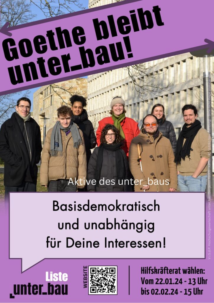 Zu sehen ist ein Hochformat-Poster mit einem Foto in der Mitte, je einem Slogan oben und unten, sowie in der Fußzeile das Logo "Liste unter_bau" und der Text "Hilfskräfterat wählen: vom 22.02.24, 13 Uh3, bis 02.02.24, 15 Uhr". Das Bild zeigt mehrere Personen, im Hintergrund erkennt man Gebäude des Campus Westend. Im Bilduntertitel steht "Aktive des unter_baus". Auf dem Slogan oben steht "Goethe bleibt unter_bau!", der unteren Slogan ergänzt "Basisdemokratisch und unabhängig für Deine Interessen!".