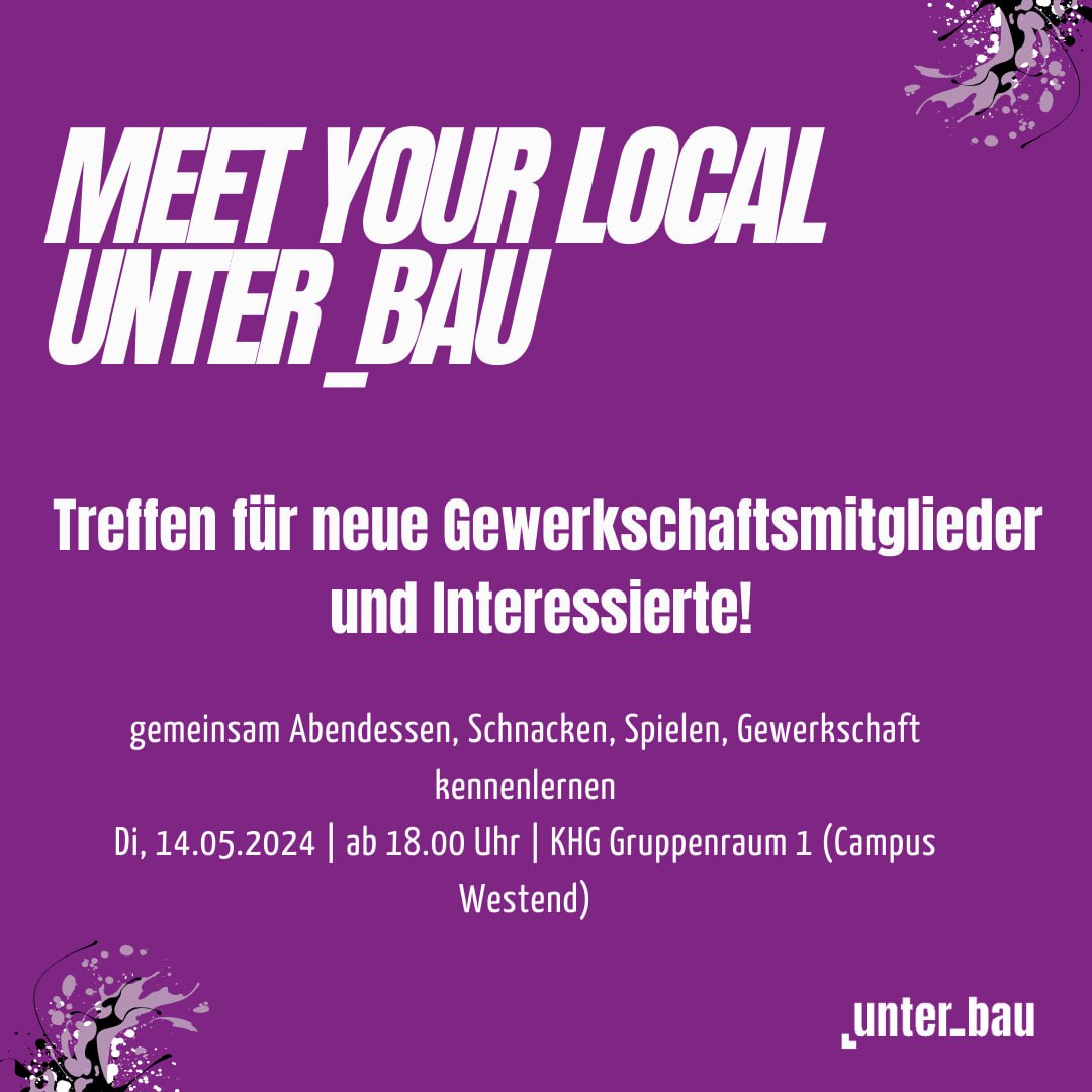 Meet your local unter_bau. Treffen für neue Gewerkschaftsmitglieder und Interessierte. gemeinsam Abendessen, Snacken, Spielen, Gewerkschaft kennenlernen